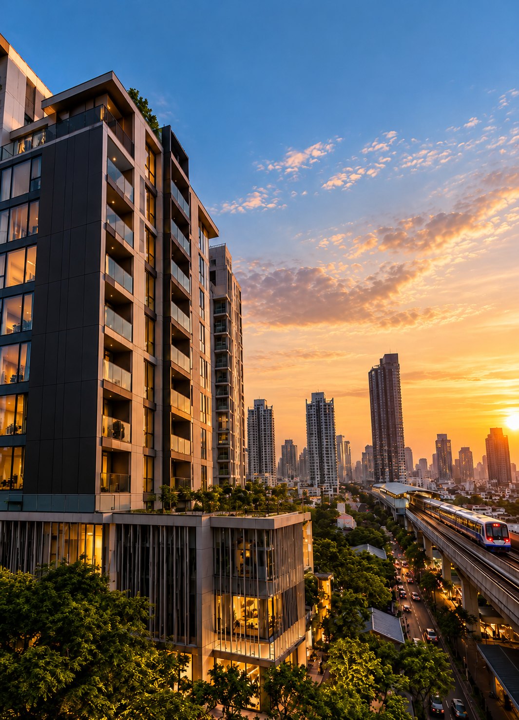 Modern Bangkok condominium tower beside the BTS skytrain at sunset